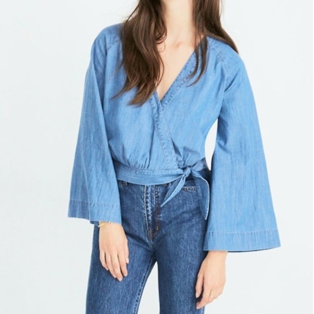 Madewell Bell Sleeve Wrap Denim Top Blue Jean Chambray Tie Waist V Neck Medium